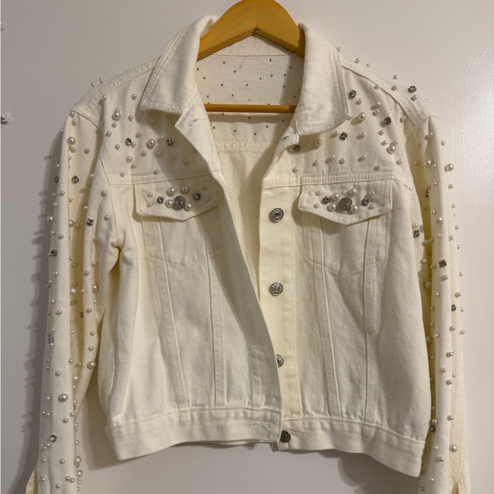 Amazon Women's White Jean Jacket with Silver Accents